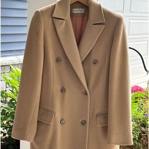 Calvin Klein Moreno wool, long tan double breasted coat with peach lining.
